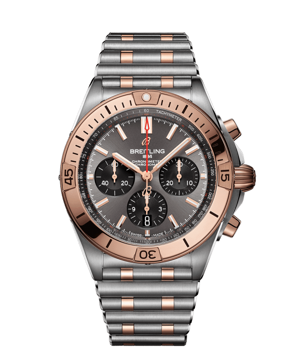 Breitling Chronomat B01 42 med grå urskive og stållenke. Ref. UB0134101B1U1